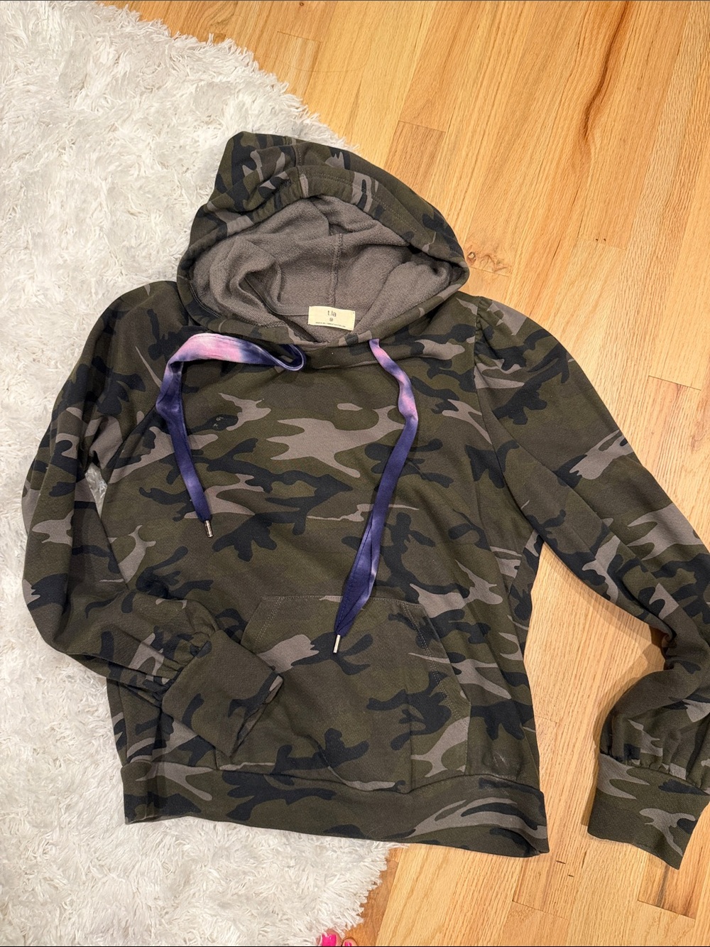 T.La Olive Camo Hoodie with Purple Tie-Dye Drawstrings